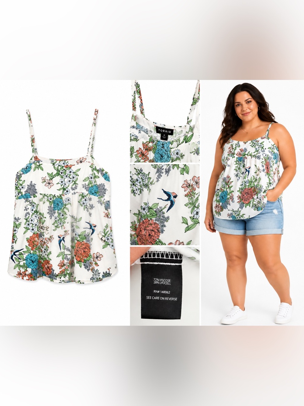 Torrid White Flowy Camisole Floral Print Wide Adjustable Straps Lightweight Sz 0